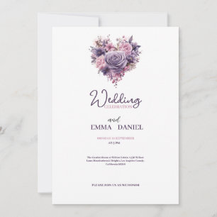 Convite luxo de casamento do coração floral roxo