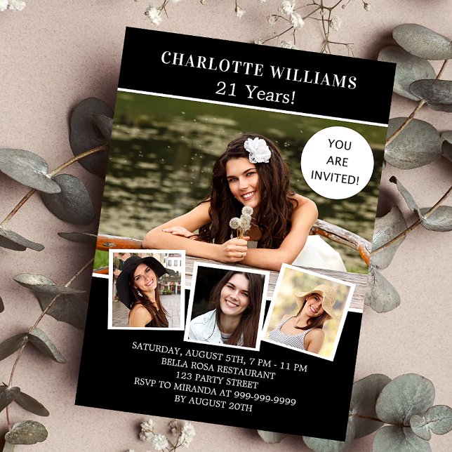 Convite luxo de colagem de fotos em branco preto-festa de  (Criador carregado)