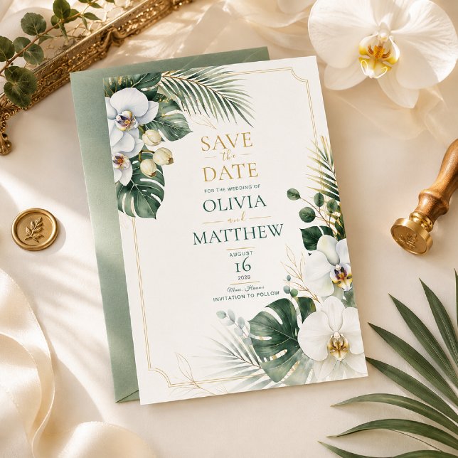 Convite Luxo de Orquídea Tropical Salve a Data (Criador carregado)