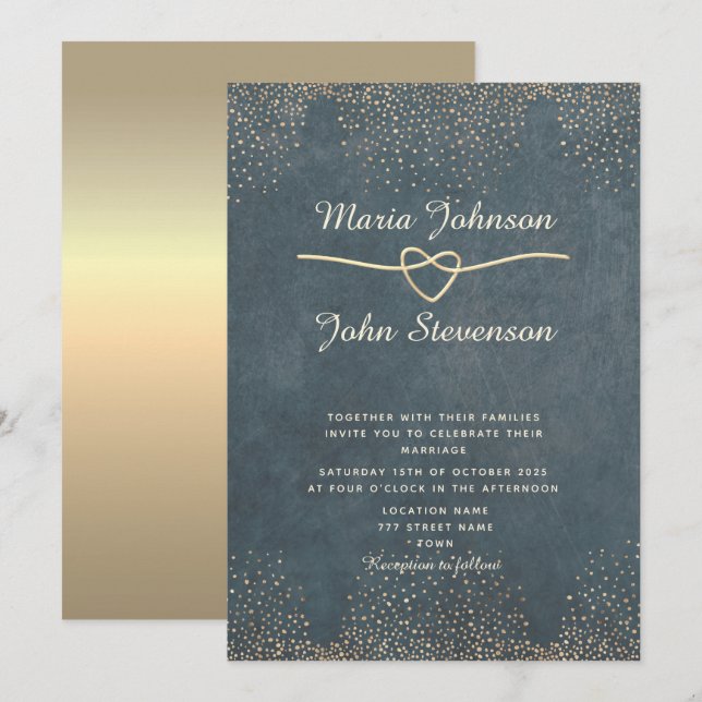 Convite Luxo Dourado Azul Marinho Chic Casamento (Frente/Verso)