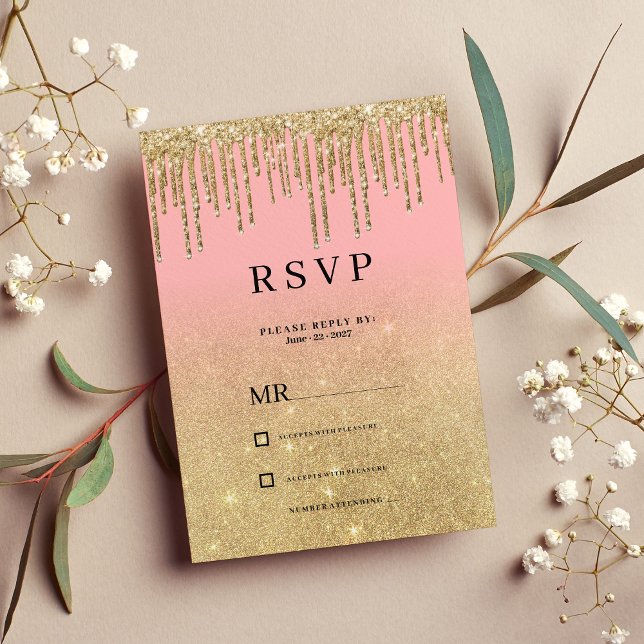 Convite Luxo dourado brilho cor-de-rosa pinga RSVP (Luxury gold glitter pink ombre drips RSVP )