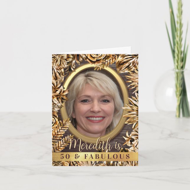 Convite Luxo Dourado Floral Foto Personalizada Cinquenta e (Frente)