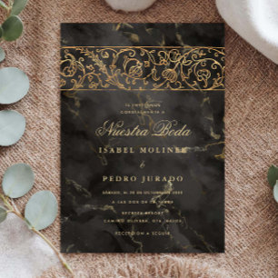 Convite Luxo Dourado Mármore Preto Nossa Boda Casamento