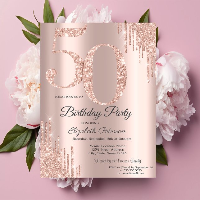 Convite Luxo Drips de Glitter em Ouro Rosa para Aniversári (Criador carregado)
