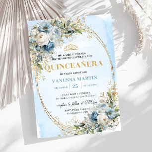 Convite Luxo Dusty Blue Dourado Folhagem Quinceañera