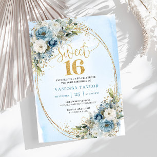Convite Luxo Dusty Blue Floral Aniversário de Dezesseis An