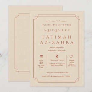 Convite Luxo Elegante Bege Bebê Menina Islâmica Aqeeqah