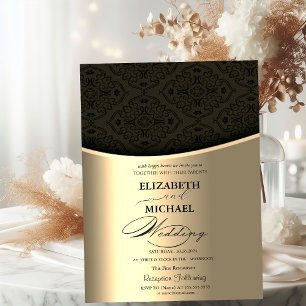 Convite Luxo Elegante Damasco Preto Dourado Casamento