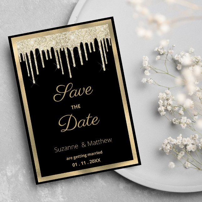 Convite Luxo em ouro preto com brilho pingando Salve a Dat (Black gold luxury glitter drips Save the Date )