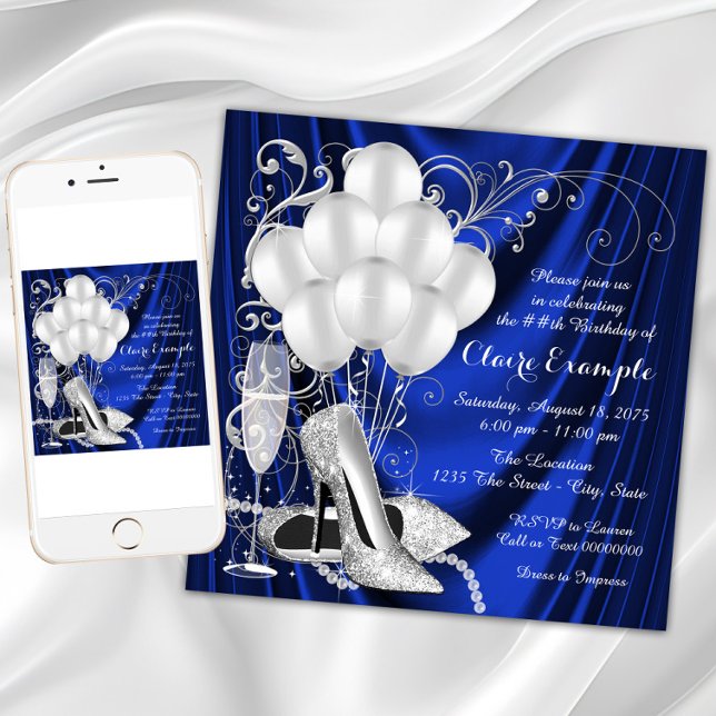 Convite Luxo Festa de aniversário Real Azul e Prata (Womans Royal Blue and Silver Birthday Party Invitation with elegant silver high heel shoes.)