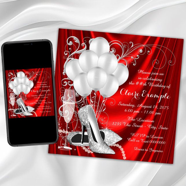 Convite Luxo Festa de aniversário Vermelho e Silver das Mu (Womans red and silver birthday party invitation with pretty silver high heel shoes, pearls. Any #.)
