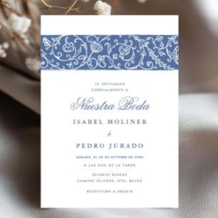 Convite Luxo Floral Azul Nossa Boda Casamento Espanhol