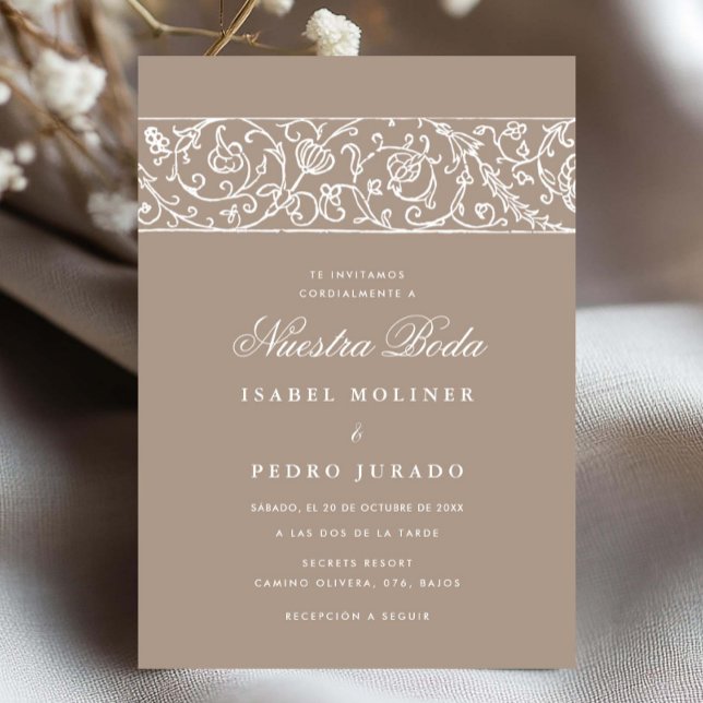 Convite Luxo Floral Bege e Branco Nuestra Boda Casamento (Criador carregado)