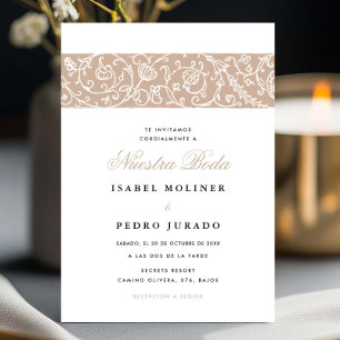 Convite Luxo Floral Bege Nossa Noiva Casamento Espanhol