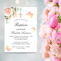 Lúxo floral de borboletas rosa de batismo