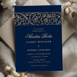Convite Luxo Floral Dourado Azul Marinho Nossa Noiva Casam