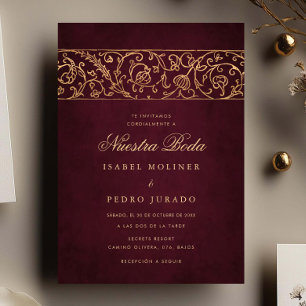 Convite Luxo Floral Dourado & Borgonha Nossa Noiva Casamen