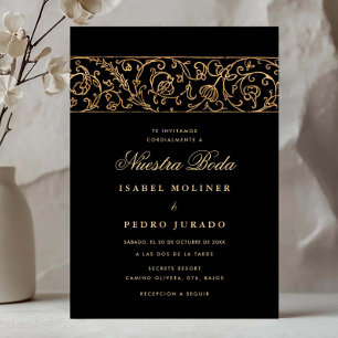 Convite Luxo Floral Dourado & Preto Nossa Noiva Casamento