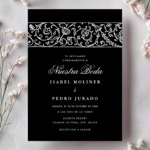 Convite Luxo Floral Preto e Branco Nuestra Boda Casamento