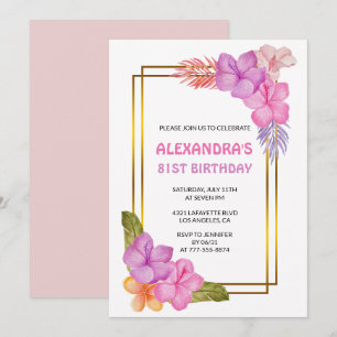 Convite Luxo Floral Tropical Rosa 81º aniversário
