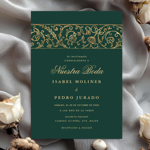 Convite Luxo Floral Verde & Dourado Nossa Noiva Casamento