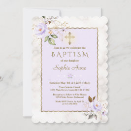 Convite Luxo Flores Douradas Roxas e Roxas Marble Baptism