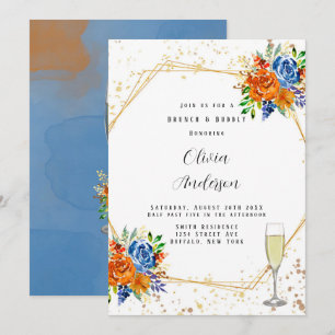 Convite Luxo Glitter Blue Orange Floral Brunand Bubble