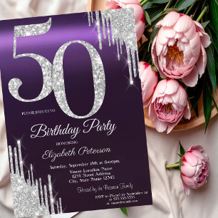 Convite Luxo Glitter Prata Goteja Roxo 50º