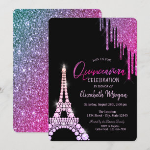 Convite Luxo Gotejamentos de Brilho Torre Eiffel Quinceañ
