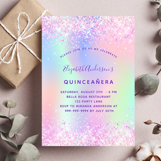 Convite Luxo holográfico rosa-rosa da Quinceanera (Criador carregado)
