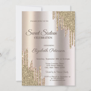 Convite Luxo Moderno Brilho Gotas Ouro Sweet 16