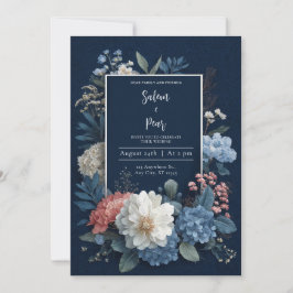Convite Luxo Moldura Dourada Azul Marinho Floral Branco Ca