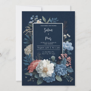 Convite Luxo Moldura Dourada Azul Marinho Floral Branco Ca
