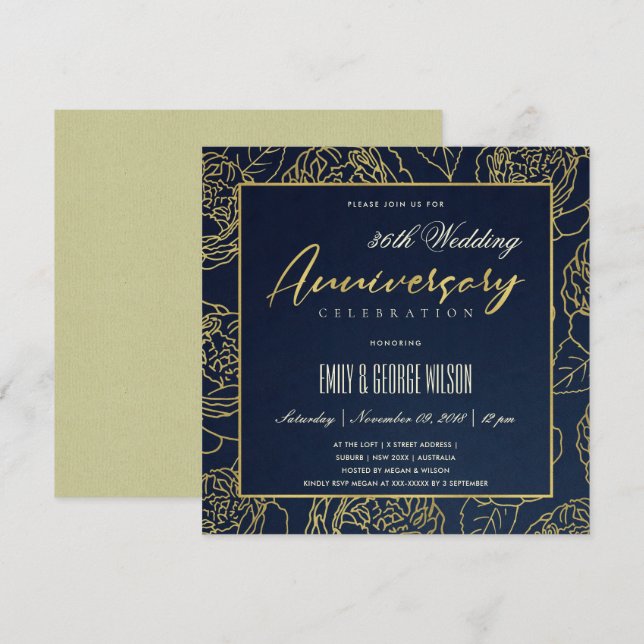 CONVITE LUXO NAVY OURO ROSA FLORAL QUALQUER ANO ANIVERSÁRI (Frente/Verso)