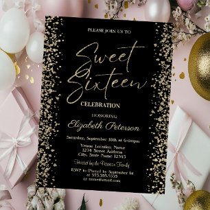 Convite Luxo Ouro Diamantes Fama Preto Sweet 16