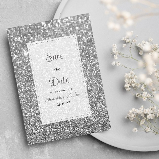 Convite Luxo prata brilhante glitter glam Salve a Data  (Luxury silver sparkly glitter glam Save The Date)