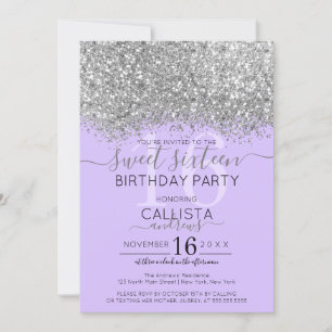 Convite Luxo Prata Roxo Brilho Confete Doce 16