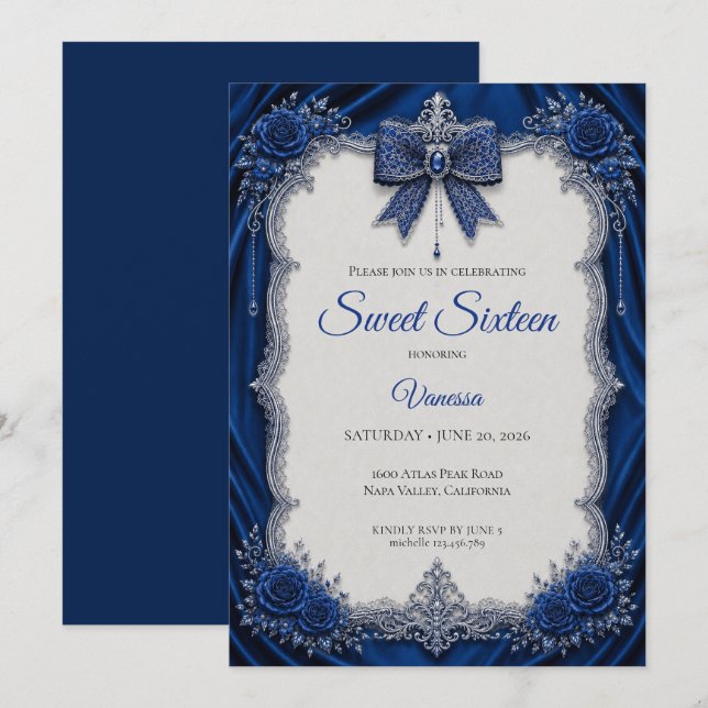 Convite Luxo PrataAzul Real Prata Sweet 16 (Frente/Verso)