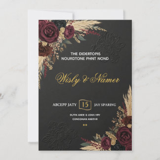 Convite Luxo Preto Borgonha e Dourado Casamento Floral