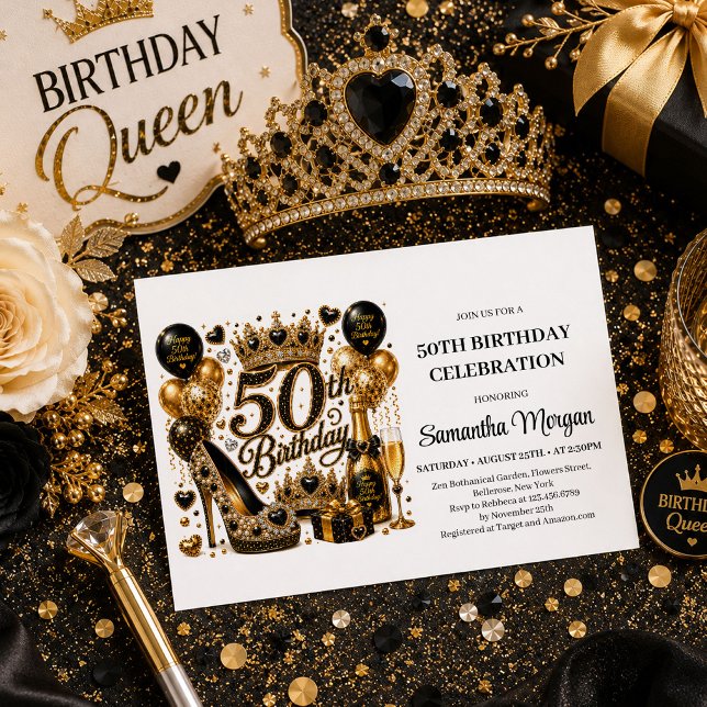 Convite Luxo Preto Brilho Dourado Cinquenta e Fabu (Gold Glitter Black Luxury Fifty And Fabulous Invitation

)