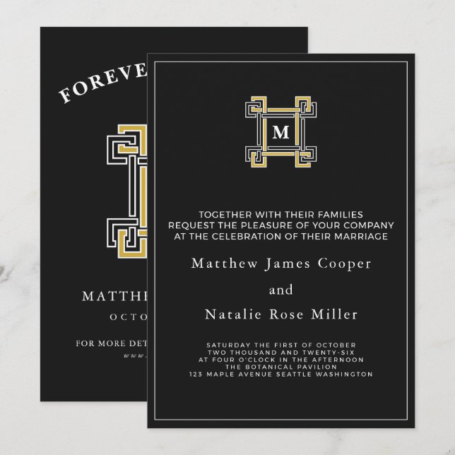 Convite Luxo Preto Dourado Monograma Chave Grega Régia (Frente/Verso)