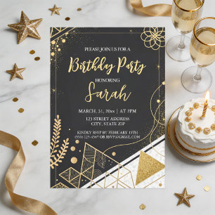 Convite luxo preto e dourado brilho moderno aniversário 