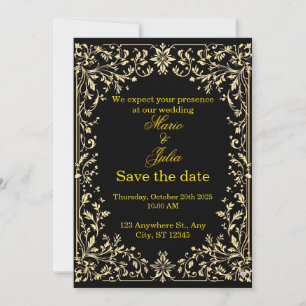 Convite Luxo Preto e Dourado Escandinavo Rosemaling Casame