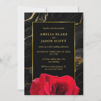Convite Luxo Preto Elegante Mármore Dourado & Casamento Ve