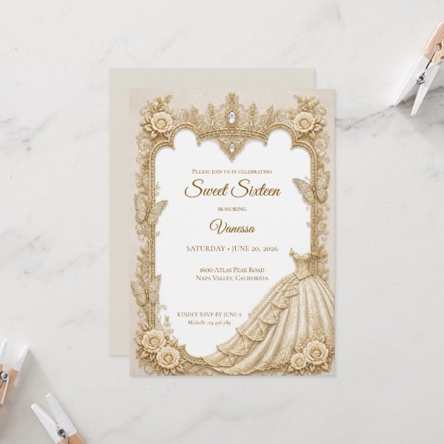 Convite Luxo Princesa Doçura 16 Marfim Dourado (Frente/Verso In Situ)