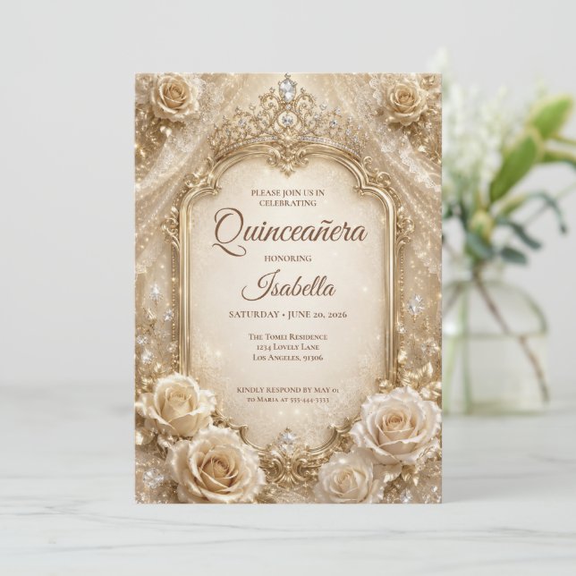 Convite Luxo Princesa Quinceañera Marfim Dourado (Em pé/Frente)