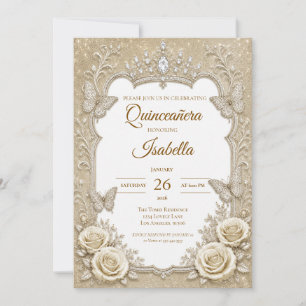 Convite Luxo Quinceañera Laço de Renda Dourado Marfim