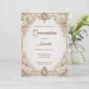 Convite Luxo Quinceañera Princesa Dourada Marfim