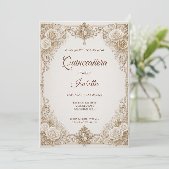 Convite Luxo Quinceañera Princesa Dourada Marfim (Em pé/Frente)