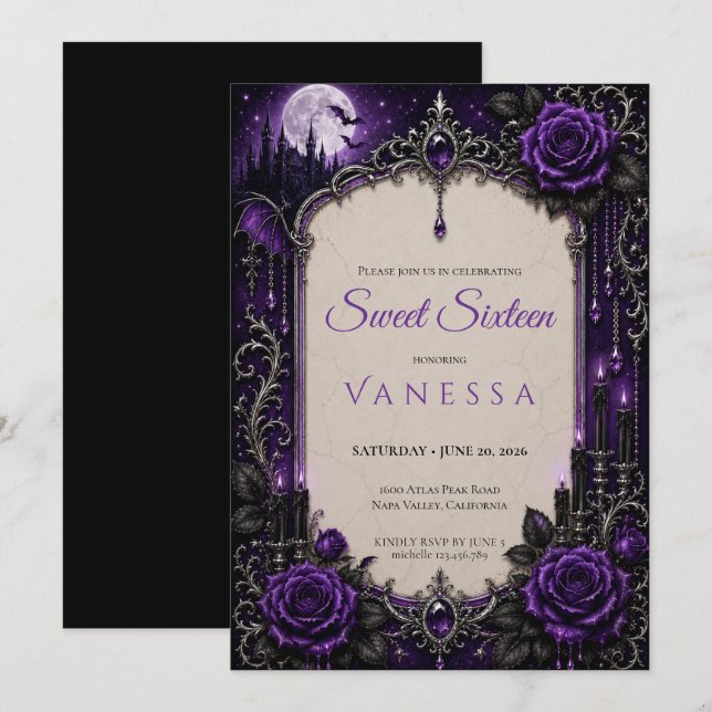 Convite Luxo Rhinestones Roxo Brilho sweet 16 (Frente/Verso)